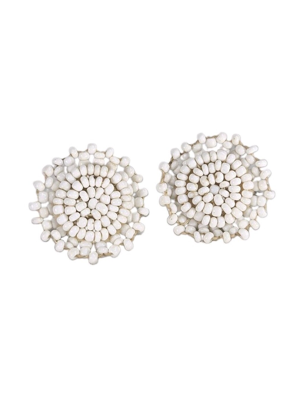 Vintage 1950s White Bead Stud Earrings Circle Screw Back Seed Beaded Back Retro